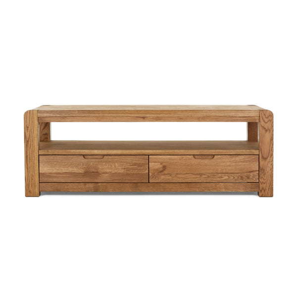 Wooden TV stand with two drawers on a white background