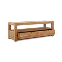 Wooden TV stand with two drawers on a white background