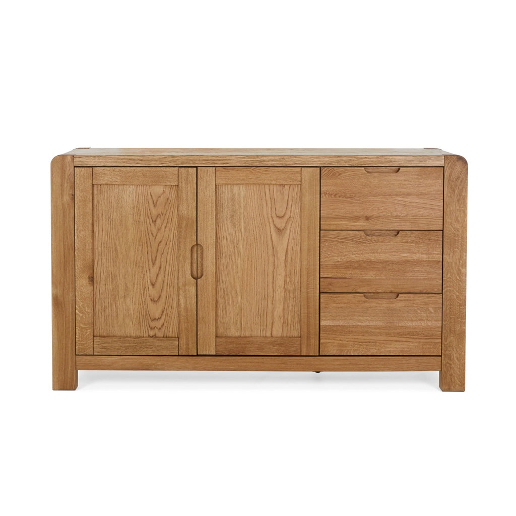 Wooden sideboard with two doors and three drawers on a white background