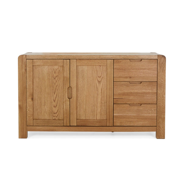 Wooden sideboard with two doors and three drawers on a white background