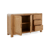 Wooden sideboard with open doors and drawers on a white background