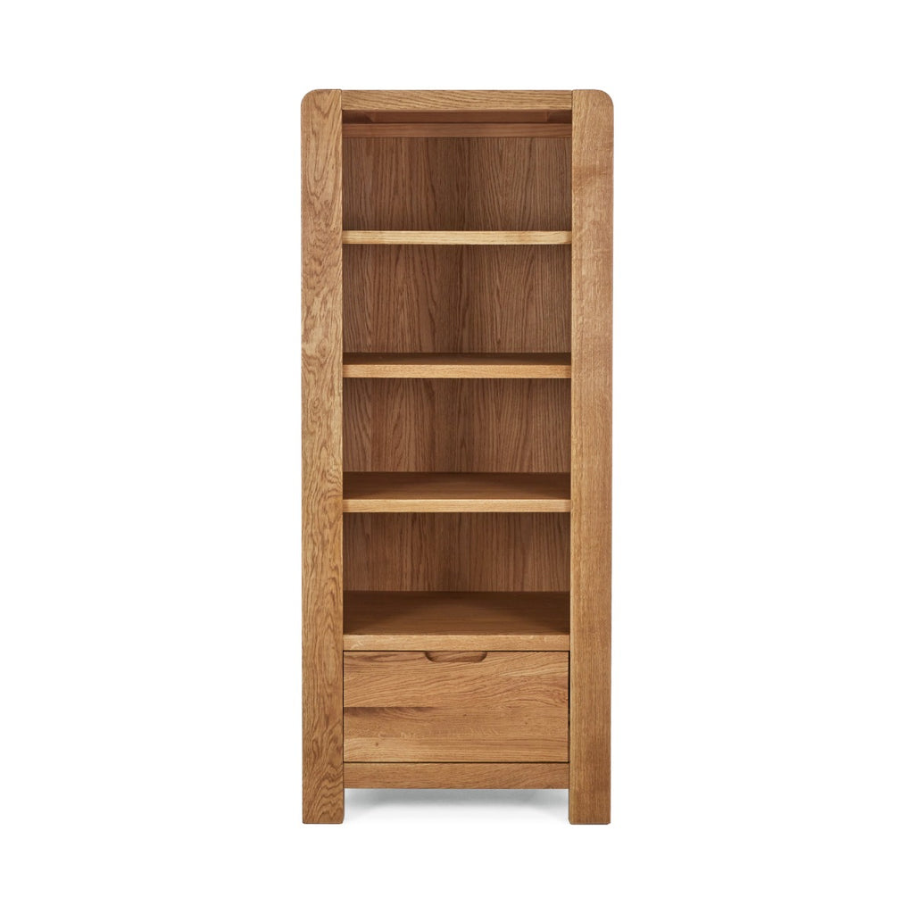 Wooden bookshelf with four shelves and a drawer on a white background