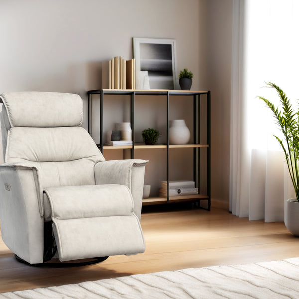 White recliner and rocking chair in a modern living room with plants and shelves.