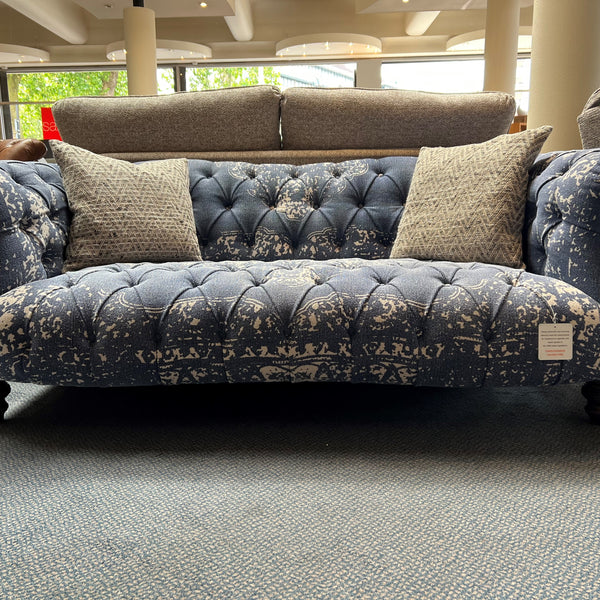 Bagru blue patterned large buttoned sofa with two light scatter cushions